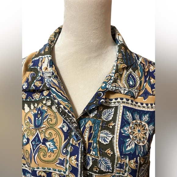 Rebecca Malone Womens Blouse L Blue And Gold Floral Print Rayon - Picture 3 of 4